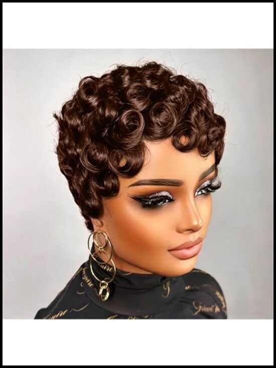 100% Brazilian Human Hair Short Curly Pixie Cut Wig 150% Density Finger Wave main image 4